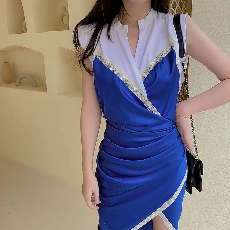 Женское платье из двух частей без рукавов кружевное сатиновое асимметричное с