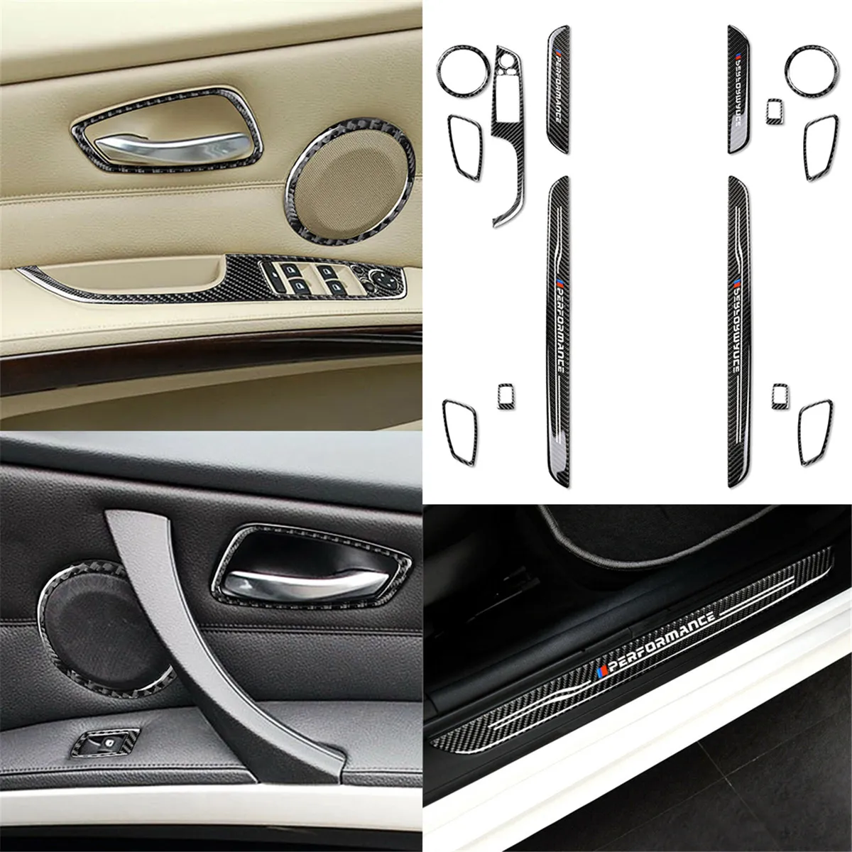 

14PCS Carbon Fiber Door Sill Plate Cover Window Lift Switch Door Speaker Ring Trim Fit forBMW 3 Series E90 E92 2005-2012 LHD/RHD