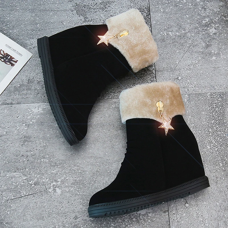 Модные теплые зимние меховые сапоги со стразами женские повседневные ботильоны
