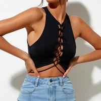 summer y2k crop top harajuku fashion cross sexy strappy hollow solid color sleeveless fashion casual stitching slim sports top