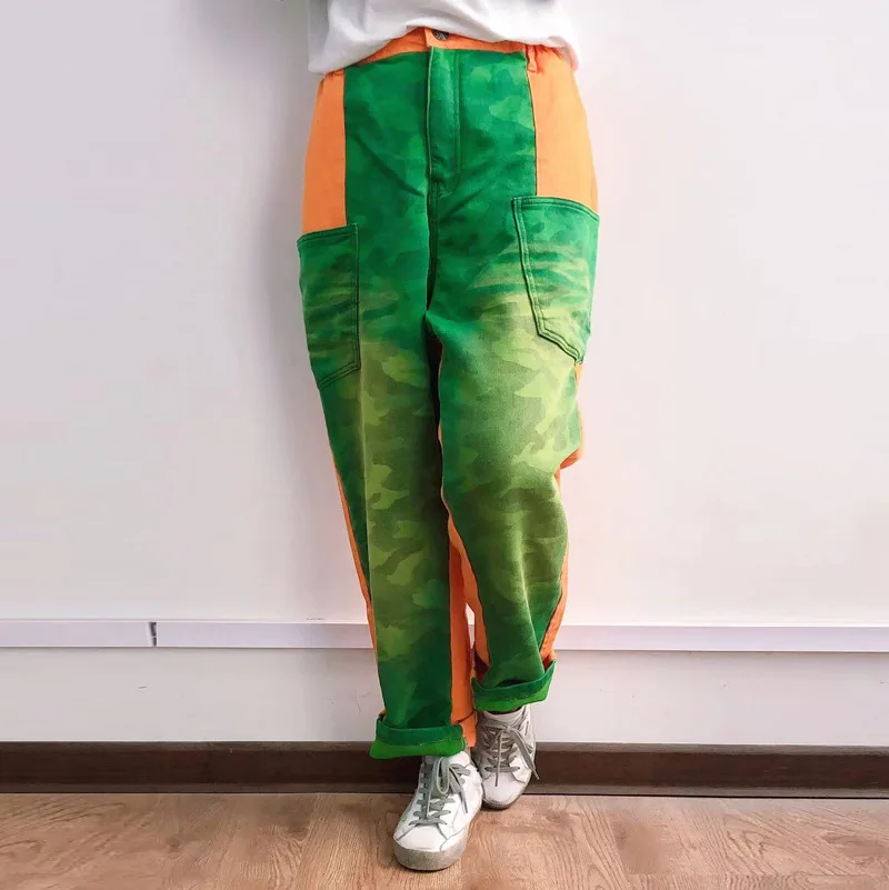 

Women's plus size pants spring new hit color stitching casual pants elastic waist camouflage straight plus size baggy pants