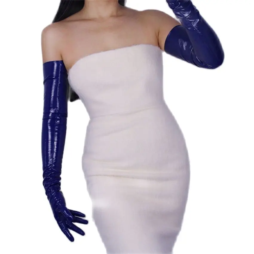 

Женские длинные перчатки из лакированной кожи, 70 см, длинные перчатки из искусственной кожи, зеркальные, яркие, синие, TBBL08