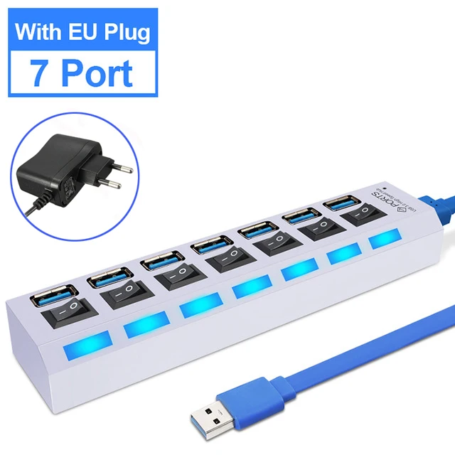 7 Port White Whit EU Usb-концентратор 3,0 4/7 порт Micro USB 3,0 концентратор разветвитель с адаптером питания мульти USB C Hab высокоскоростной 5 Гбит/с Тип C 3 переключатель концентратора для ПК - Цвет: 7 Port White Whit EU