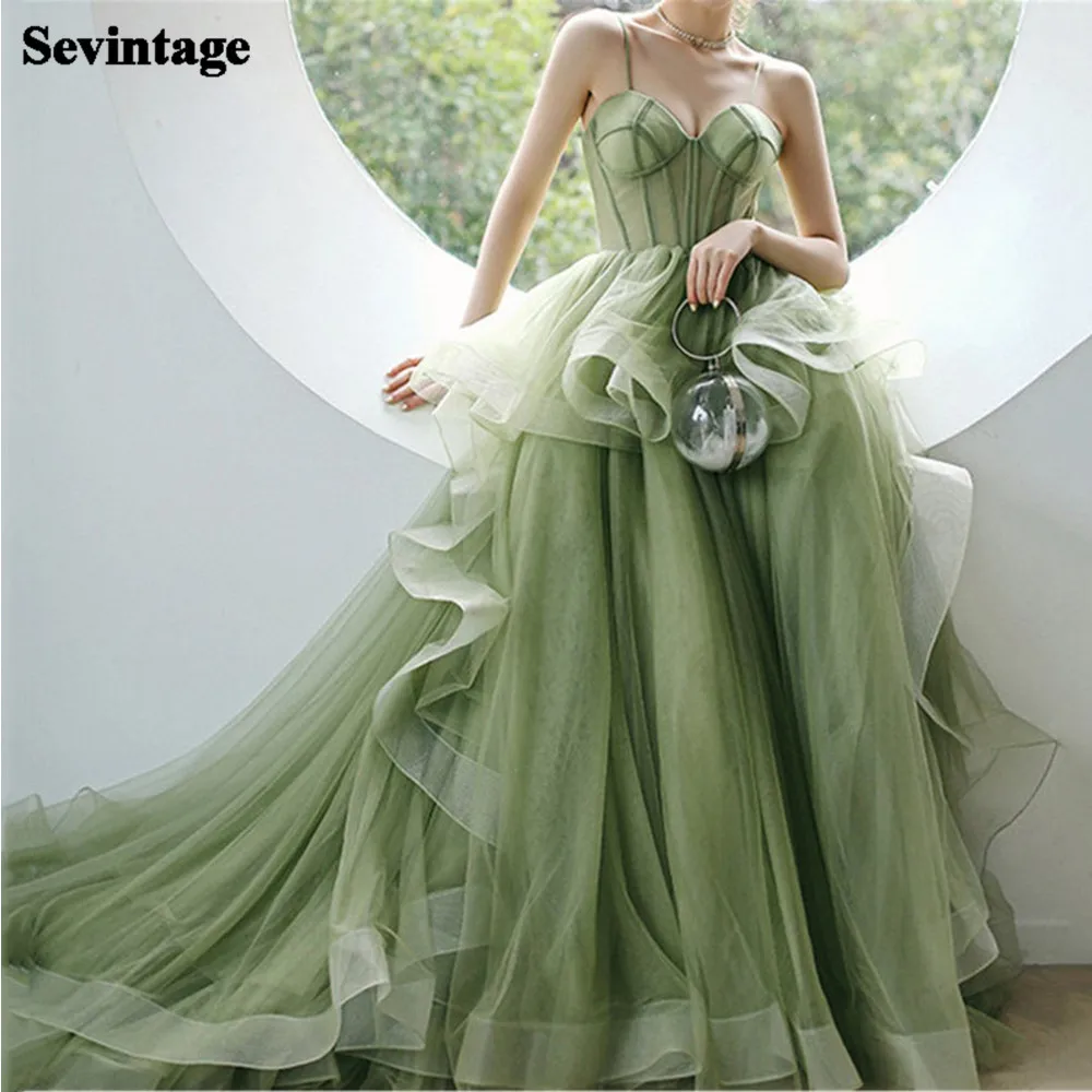 Sevintage Green Long Prom Dresses 2021 Ruffles Corset Back Evening Dress Straps Tulle Formal Party Gowns Plus Size Women Wear