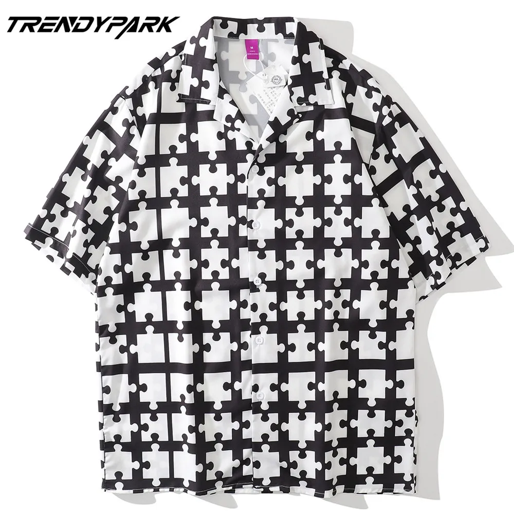 

Men's Shirt Summer Short Sleeve Printed Blouse Hip Hop Oversized Casual Harajuku Streetwear Single-breasted Collar Tops Shirts
