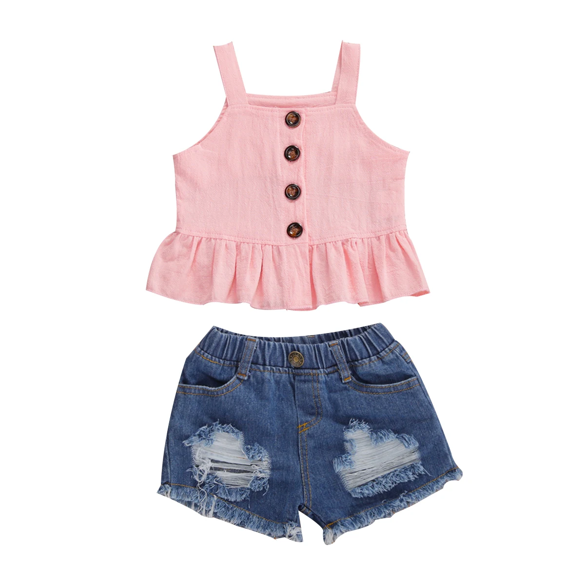 От 0 до 4 лет розовый однотонный жилет без рукавов Топы + джинсовые шорты комплект