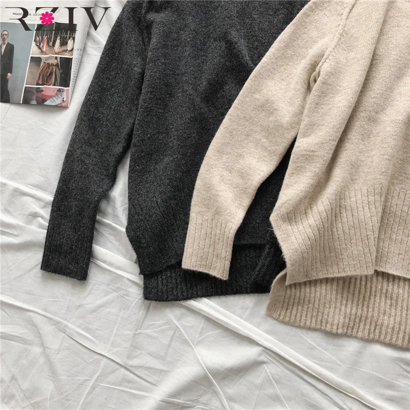 

RZIV Autumn and winter women's sweater casual solid color high collar long sleeve loose sweater
