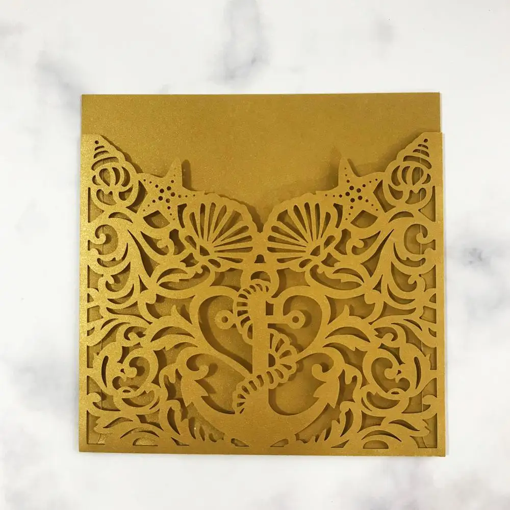 

50Pcs/Lot Wholesale Laser Cut Invitation Card Cover With Shells And Starfish Patterns Square Exquisite Greeting Card