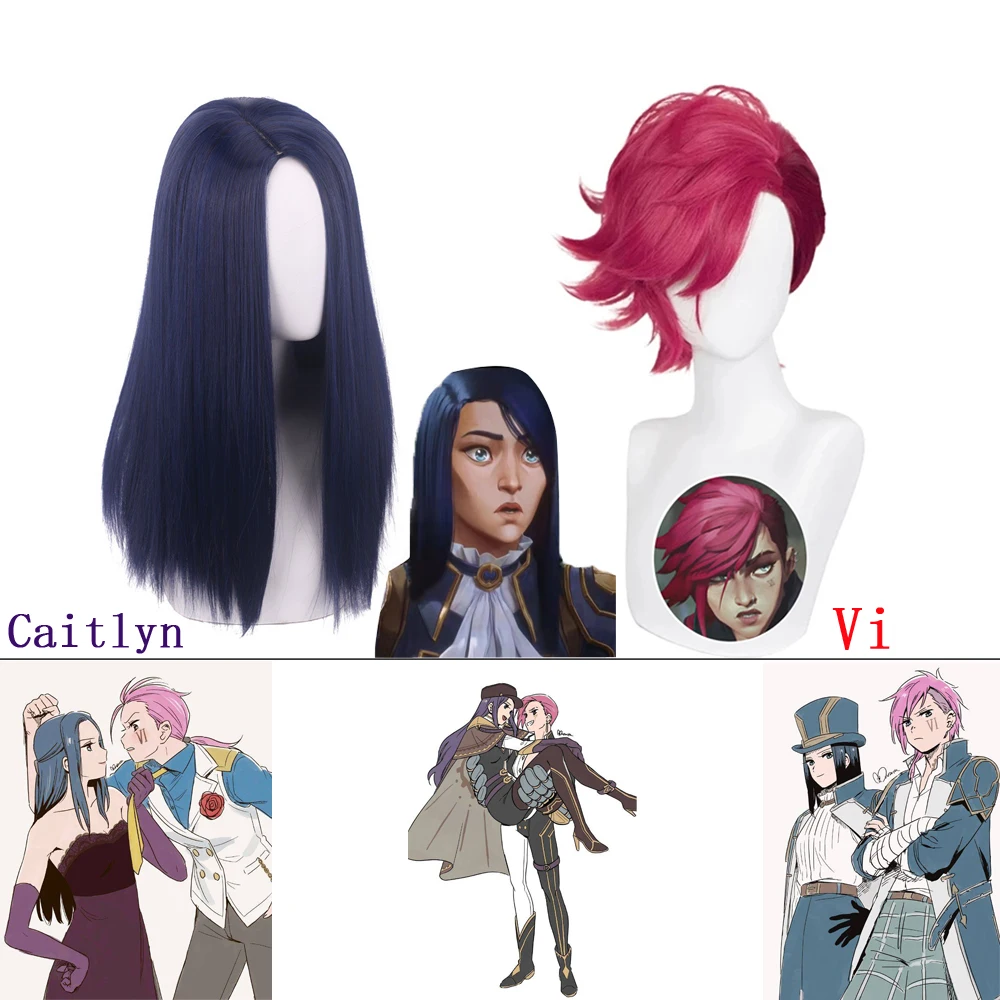 Тёмно-синий длинный прямой парик Arcane Caitlyn Vi красный короткий для косплея костюм