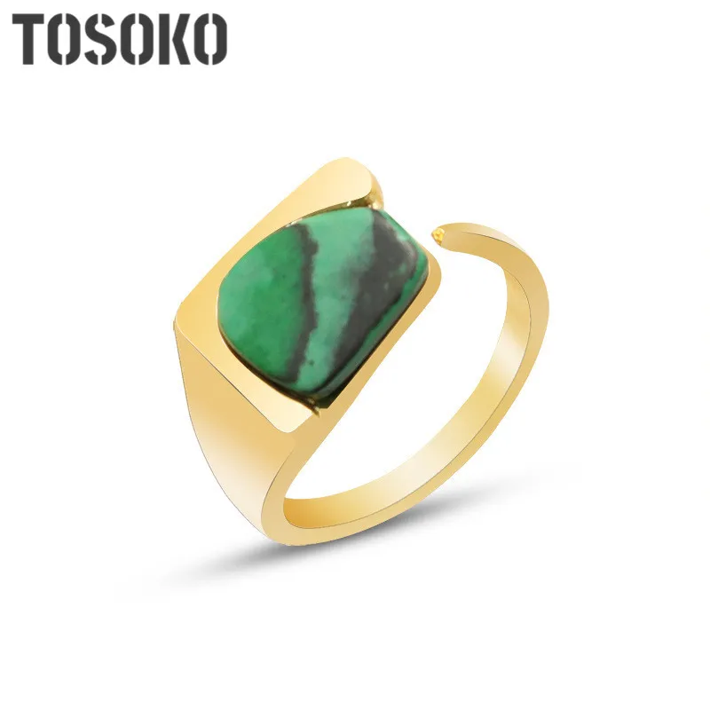 

New Stainless Steel Jewelry Natural Green Malachite Stone Ring Female Ring Open Index Ring Retro Elegant Ring BSA128
