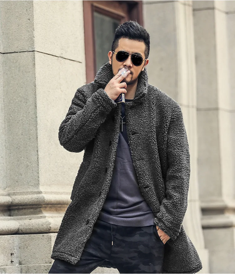 Серый утепленная флисом Для мужчин с длинным издание пальто теплый хлопок зимние