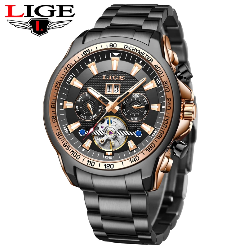 LIGE Мужские механические часы автоматические модные роскошные из нержавеющей
