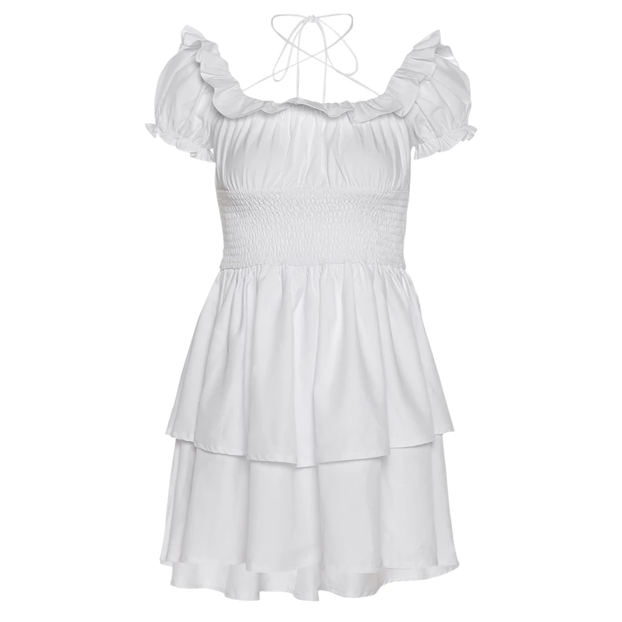 

Sylcue Summer white flounces one word neck puffy skirt waist back to show thin double-deck skirt's skirt's hemline mini skirt