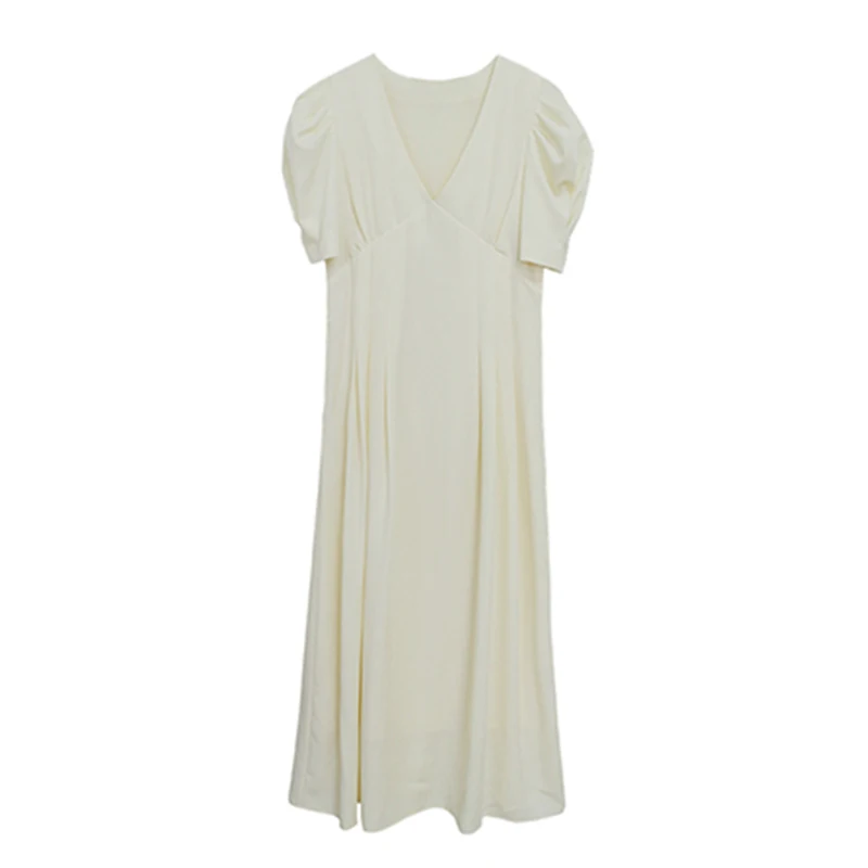 

GALCAUR Apricot Dress For Women V Neck Puff Short Sleeve High Waist Ruched Loose Solid A Line Elegant Dresses Female 2021 Spring