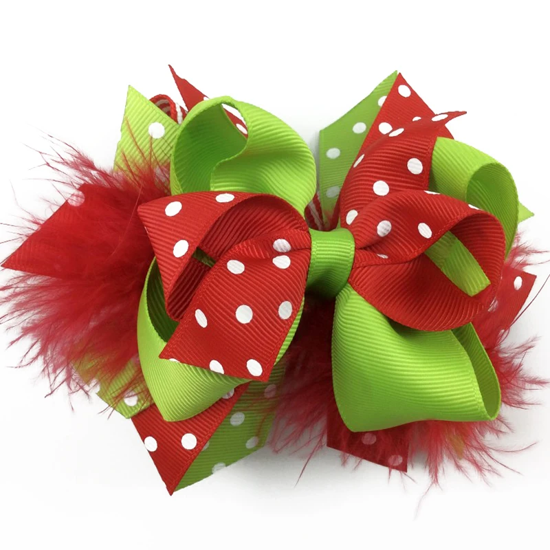 5 дюймов рождественские банты для волос ручной работы в полоску и горошек Печать