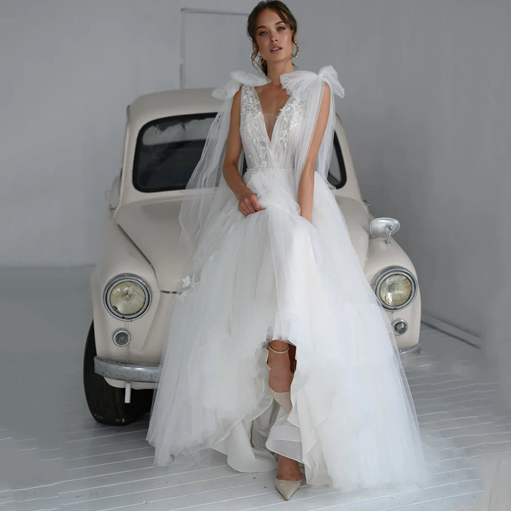 

V-Neck Ruched Wedding Dress Custom Made A-line Tulle Beading Belt Sleeveless Sweep Train 2021 White Bridal Gowns