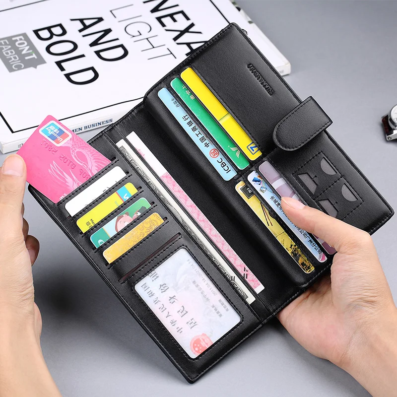 Мужской Длинный кошелек из натуральной кожи черный модный для телефона с