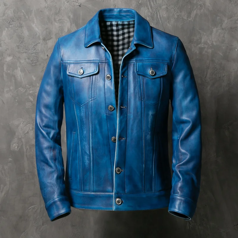 

Men's motorcycle jacket, high quality, short, thin, legitimate leather, turtleneck turned down, single-button pockets, sheepskin