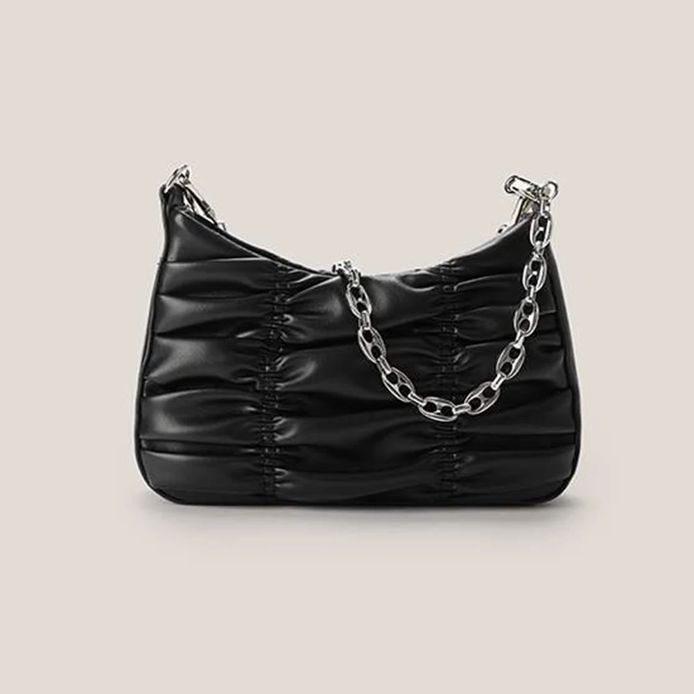 

Fashion Solid Color Shoulder Underarm Bag Pleated PU Leather Vintage Square Bag Street Travel Chain Money Handbags Totes 2022