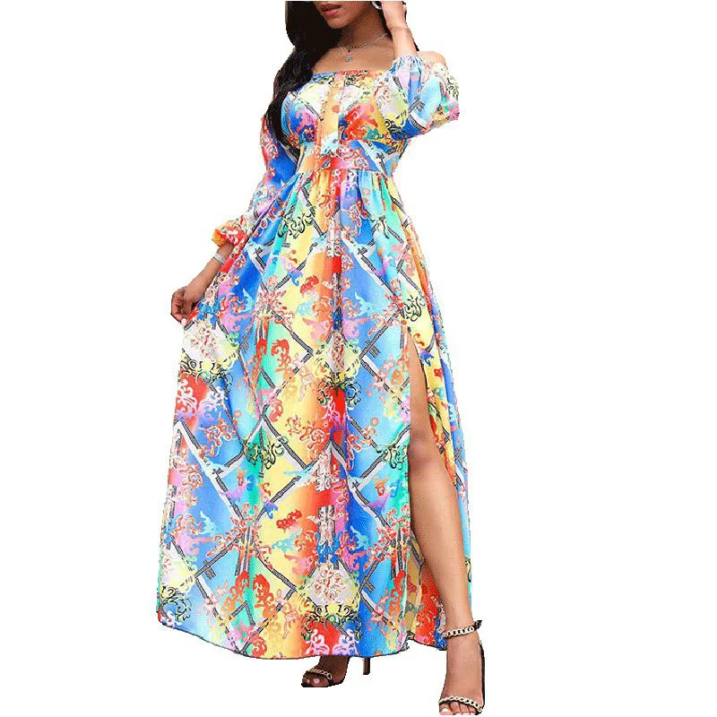 

Slash Neck Pullover Retro Long-Sleeved Spring and Autumn Women's Dress 2023 New Fashion Slit Print Women's Dresses NBH84