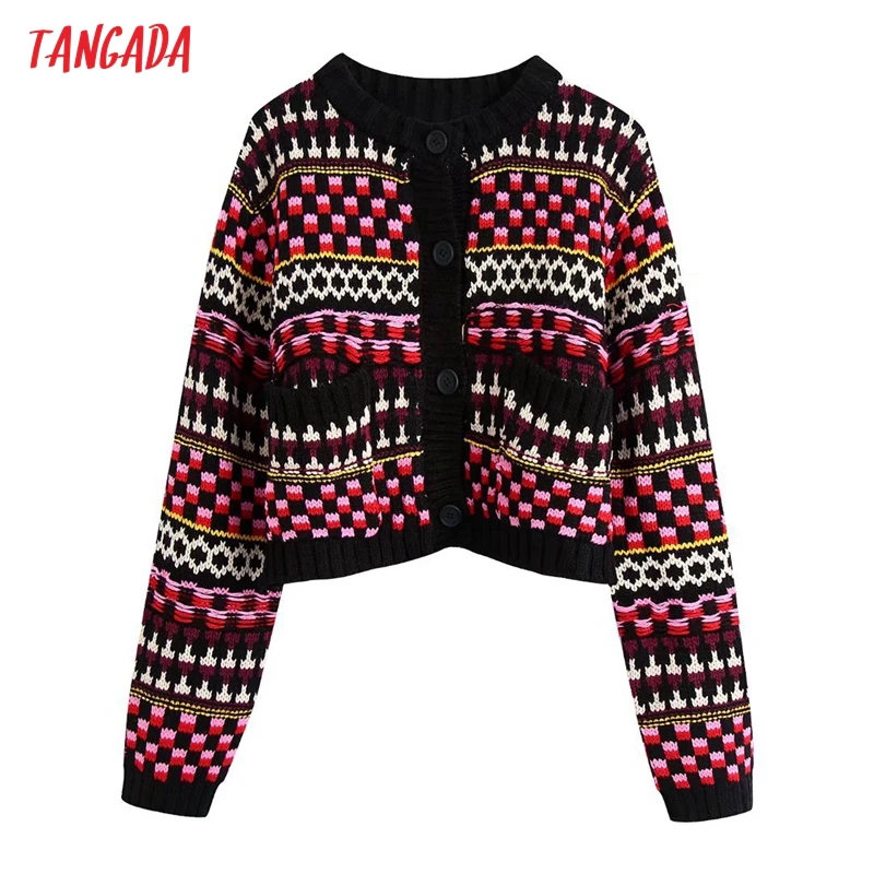 

Tangada женский модный свободный жаккардовый укороченный вязаный кардиган свитер винтажный с длинным рукавом на пуговицах женские топы BE83