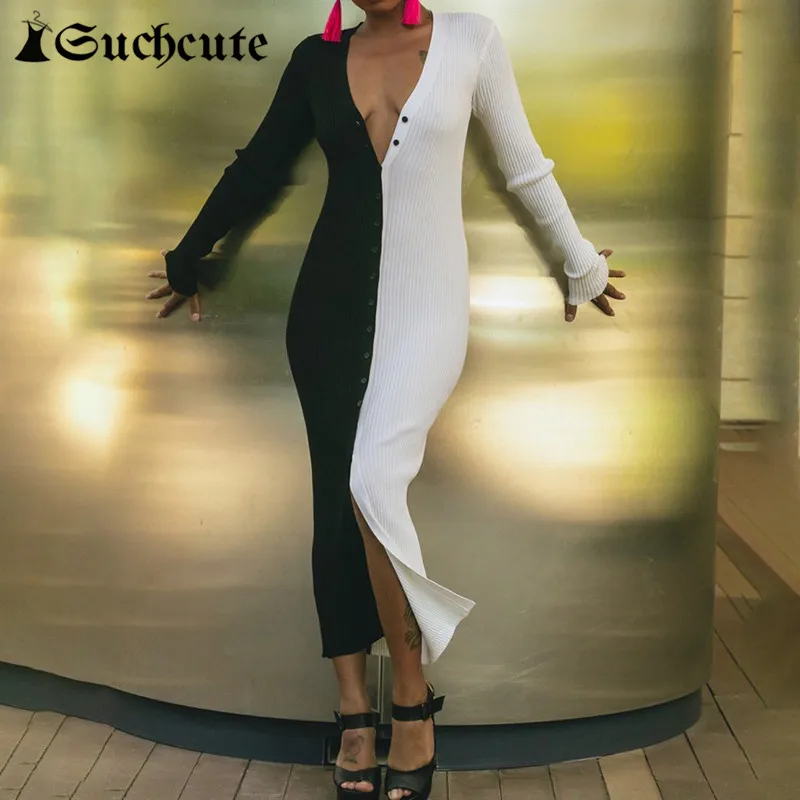 

SUCHCUTE Patchwork Women Knitting Maxi Dress Aesthetic Y2K Vintage Button Up Evening Dresses Harajuku Elegant Streetwear Outfits