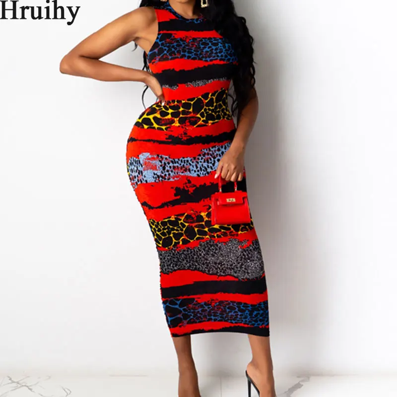 

Women Clothes Leopard Print High Waist Elegant Fashion Bodycon Dress Summer O Neck Sleeveless Sexy Party Maxi Dresses for Women