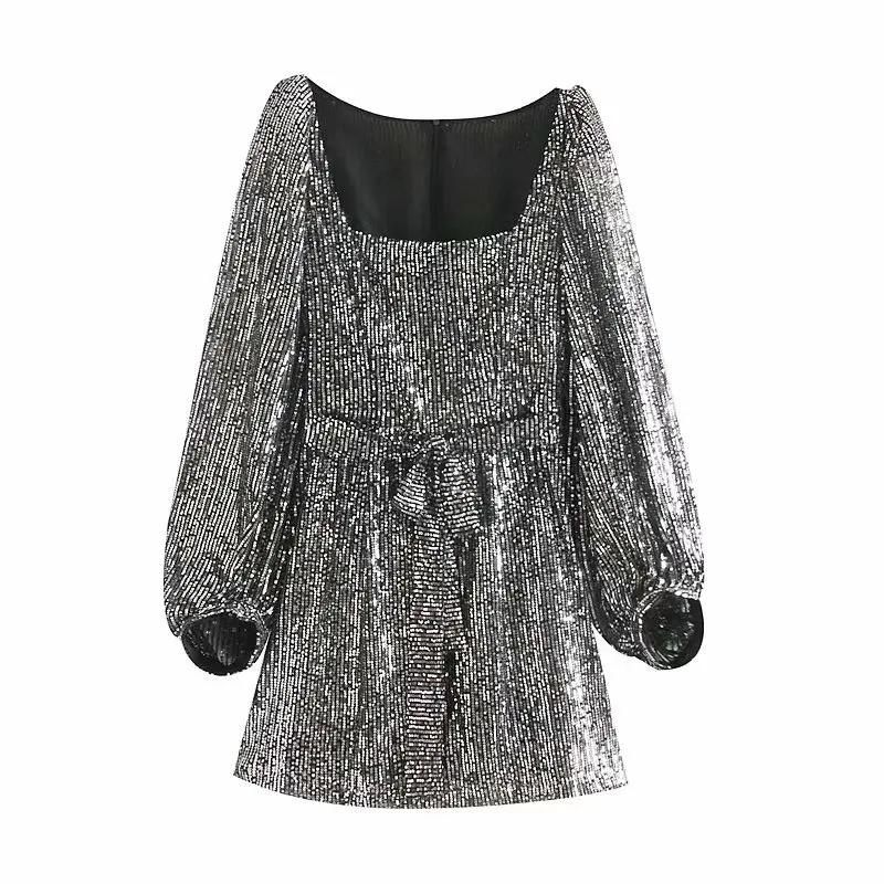 Женский винтажный буф рукав квадратный воротник мини-платье с блестками Офисная