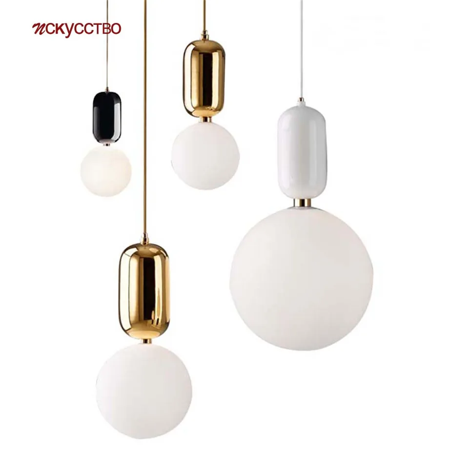 

Nordic Glass Ball Black Gold White Pendant Lights For Restaurant Bar Kitchen Hanging Lamp Elegant Loft Decor Modern Led Fixtures