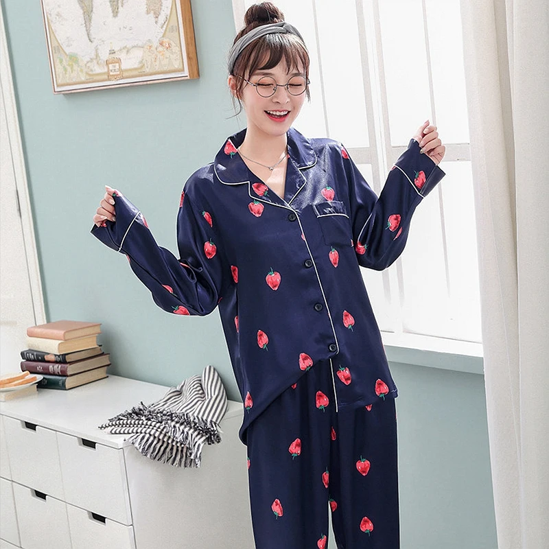 Пижамный комплект для женщин с принтом клубники атласная пижама шелковое белье
