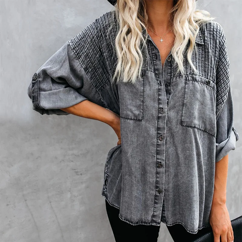 2019 Новая модная полосатая джинсовая женская рубашка блузка|Блузки| |