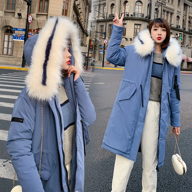 

Женская парка с меховым воротником, свободная длинная стеганая куртка с капюшоном, Корейская версия, зимний сезон 2021