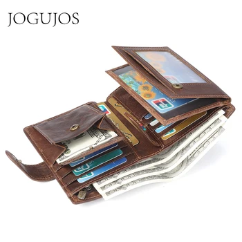 JOGUJOS Crazy Horse Leather Men's Wallet Genuine Leather Men Business Wallet RFID Men Card Id Holder Coin Purse Travel Wallet