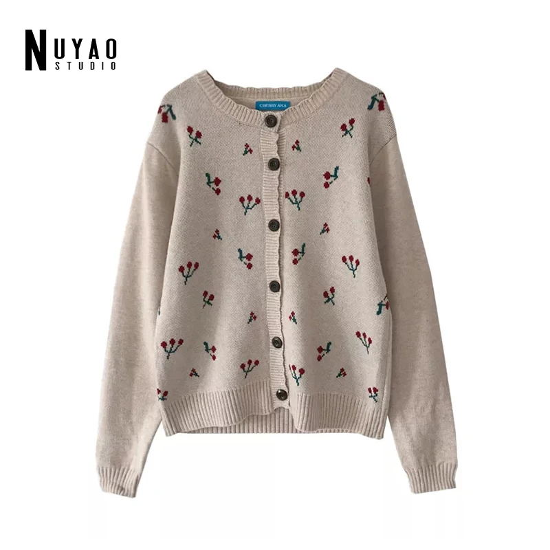 

Женский однобортный вязаный кардиган, Свободный корейский свитер с цветочным принтом и круглым вырезом, Осень-зима 2021