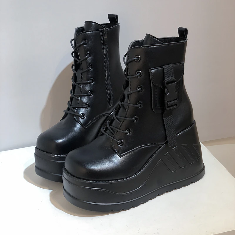 

Fashion Goth Platform Motorcyle boots Wedges Women's Boots Lace Up Trendy INS Hot Sale Chain 2021 Casual Luxury Women's Shoes