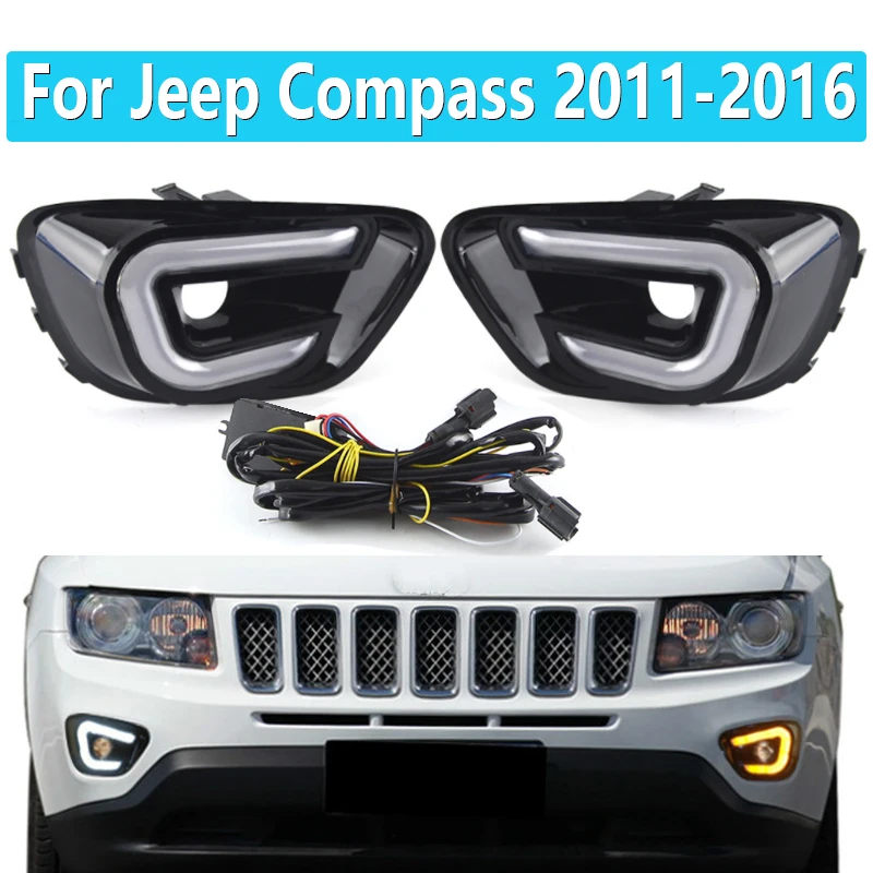 

Пара автомобильных светодиодных дневных ходовых огней белого цвета + желтый боковой сигнал поворота для Jeep Compass 2011-2016 дневные ходовые огни