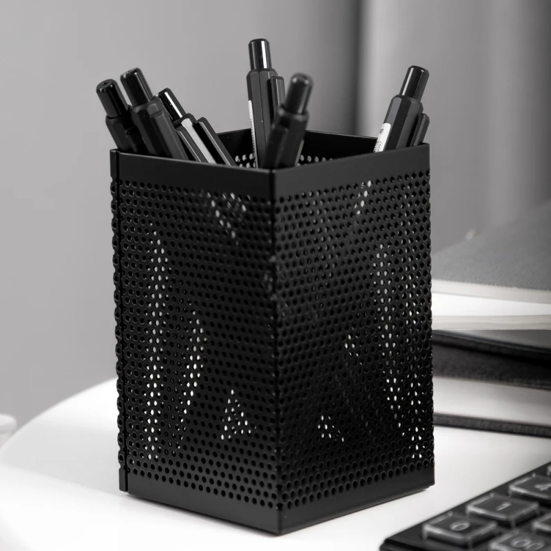 

DELI 1Pc Office Organizer Square Cosmetic Black Metal Stand Mesh Style Pen/Pencil Pot Holder Stationery Container