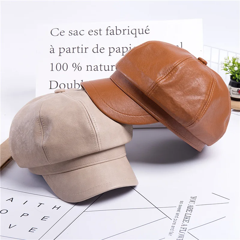 

Women Leather Berets Hat French Artist Beret Hat Black Berets Autumn Winter Korean Style Solid Berets Hat Caps For Women