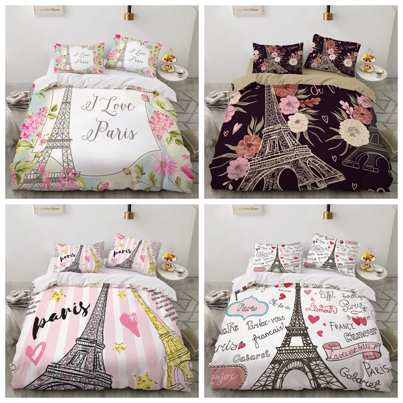 

3D Eiffel tower Bedding Set White Black Bedlinen Single Twin Full Queen King Duvet Cover Pillowcase Adult Children Bedclothes