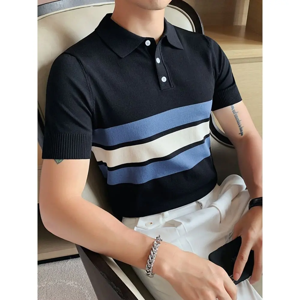 

Summer new men's knitted polo shirt short sleeve stripe thin color matching slim T-shirt