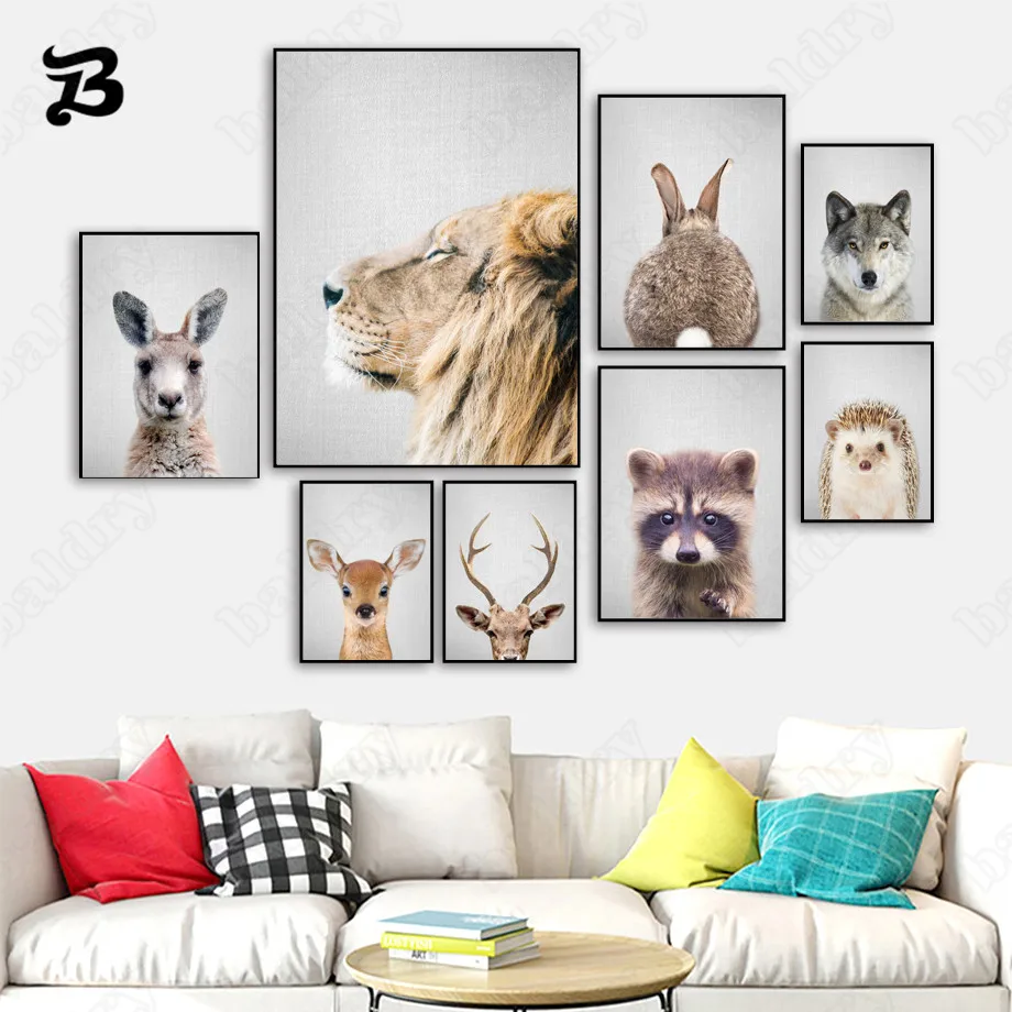 

Canvas Painting for Living Room Cute Lion Deer Raccoon Rabbit Wolf Animal Nursery Wall Art Cartoon Posters Print Baby Room Decor