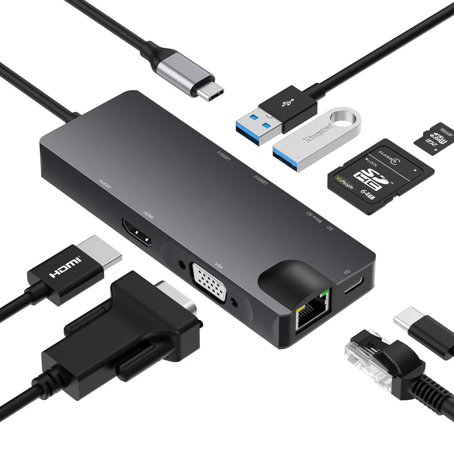 

Док-станция 8-в-1 type-C на HDMI + vag Gigabit RJ45 + usb3.0hub