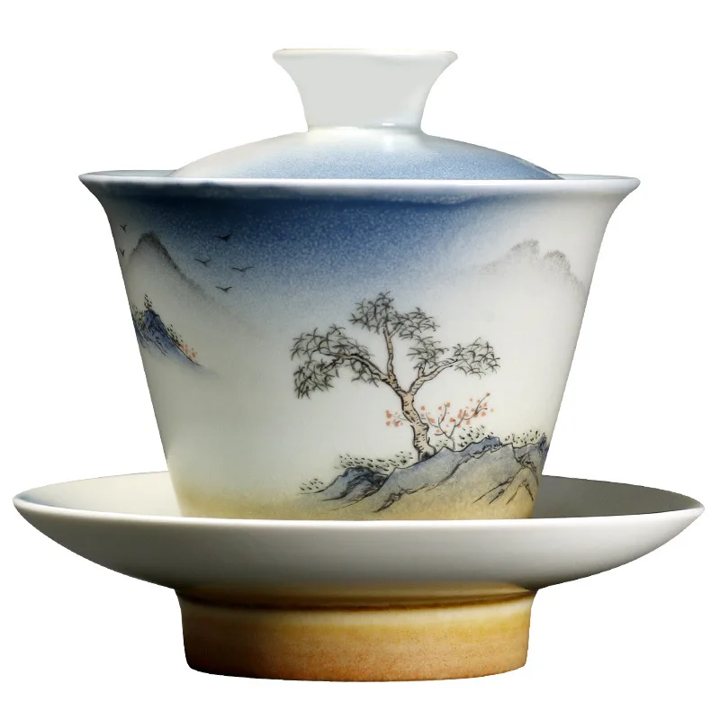 

Hand-Painted Landscape Painting Three-Force Cover Bowl Kiln Baked Ceramic Tea Pot Tea Bowl Handmade Hand Bowl Retro