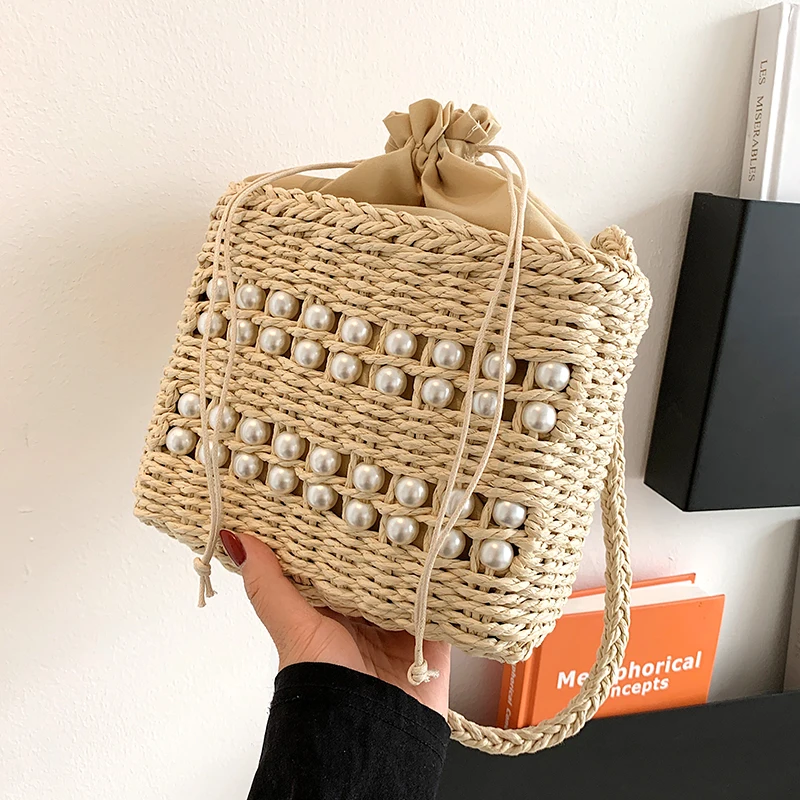 

Handmade Woven Straw Rope Crossbody Pack Girl Beach Shoulder Bag Mobile Phone Purse Pearl Handbag Summer Travel Bags 2021 ビーチバッグ