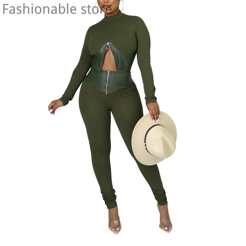 

Women Sexy PU Patchwork Long Sleeve Zipper Front Top and High Waist Skinny Pencil Pants 2pcs Set