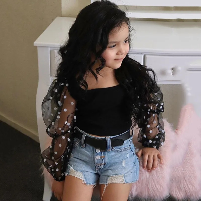 Летняя одежда для малышей Топы в горошек с пышными рукавами маленьких девочек