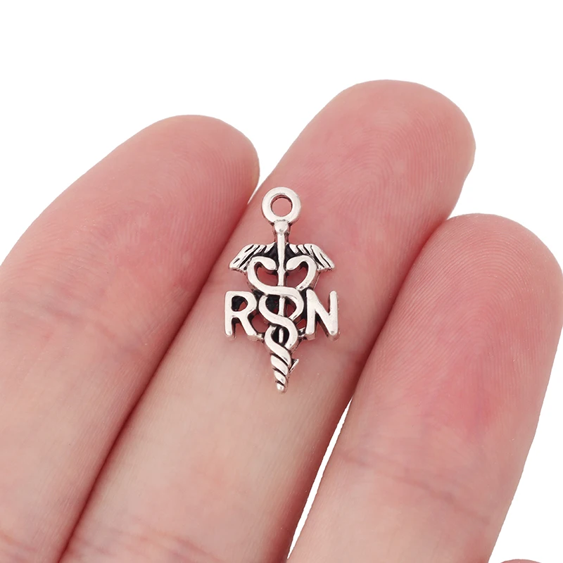 

30 x Tibetan Silver RN Registered Nurse Caduceus Medical Symbol Charms Pendants for DIY Jewelry Making Findings 19x10mm