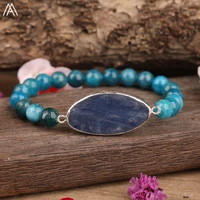 natural blue kyanite slab beads cuff bracelet women 8mm round natural blue apatite stones beads elastic bracelet yoga jewelry