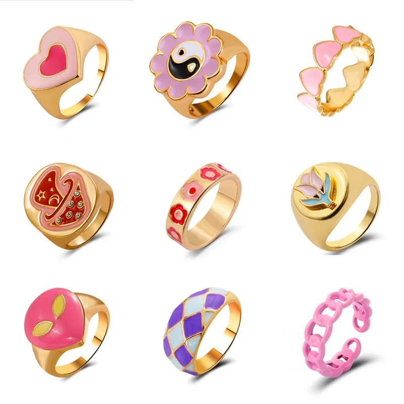 

New Ins Creative Cute Colorful Double Layer Love Heart Ring Vintage Drop Oil Metal Heart Rings for Women Girls Fashion Jewelry