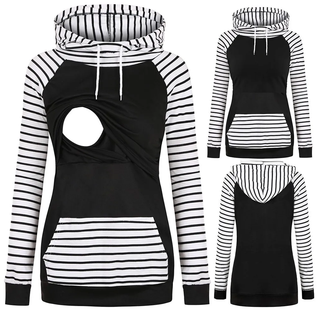

Maternity Nursing Striped Nursing Hooded Top Maternity Nursing Pocket Layered Nursing Hooded Sweatshirt Top 40*